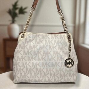 Michael Kors Signature Logo Shoulder Bag Tote Jet Set Vanilla White Brown